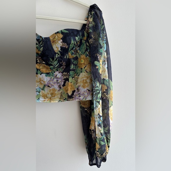 Lulu’s Floral Puff Sleeve Corset Crop Top, Smocked Sweetheart Blouse, Small - Picture 4 of 16